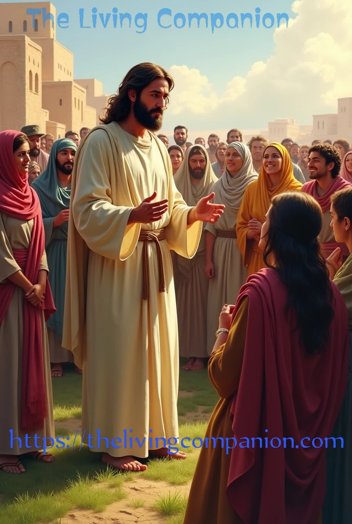 Jesus preaching to men and women